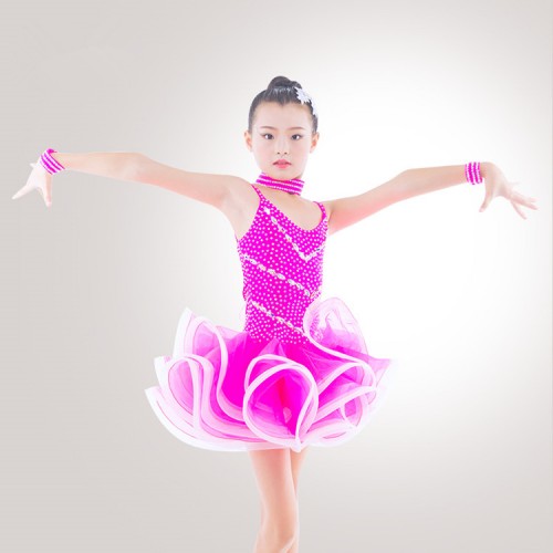 Kids competition latin dresses royal blue red purple for girls diamond stage performance professional ballroom rumba chacha dance skirts 